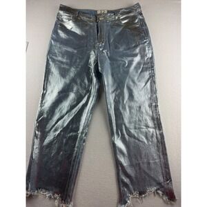 We The Free Free People Metallic Silver Coated Wide Leg Jeans Size 32 Raw Hem